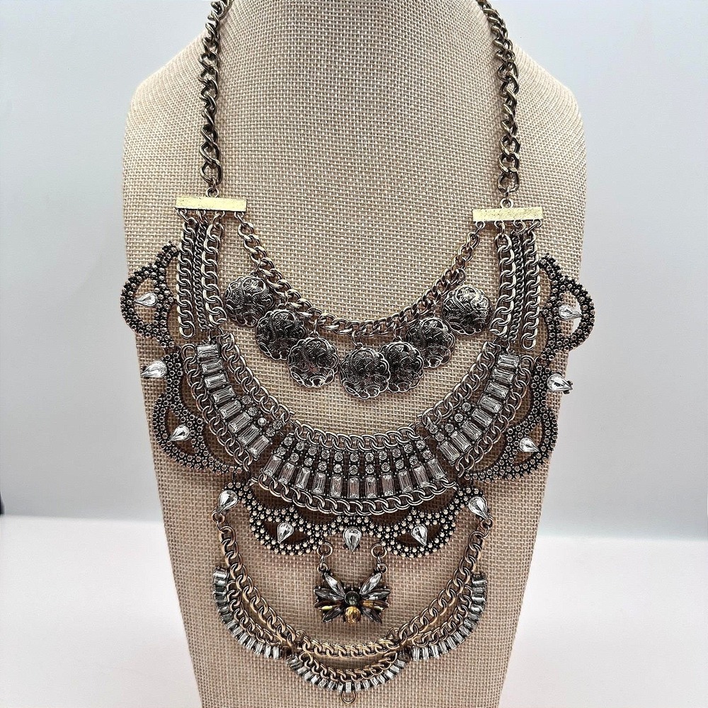 Vintage Y2k Gold Tone Multi Layer Statement Necklace Rhinestones Discs Jewelry